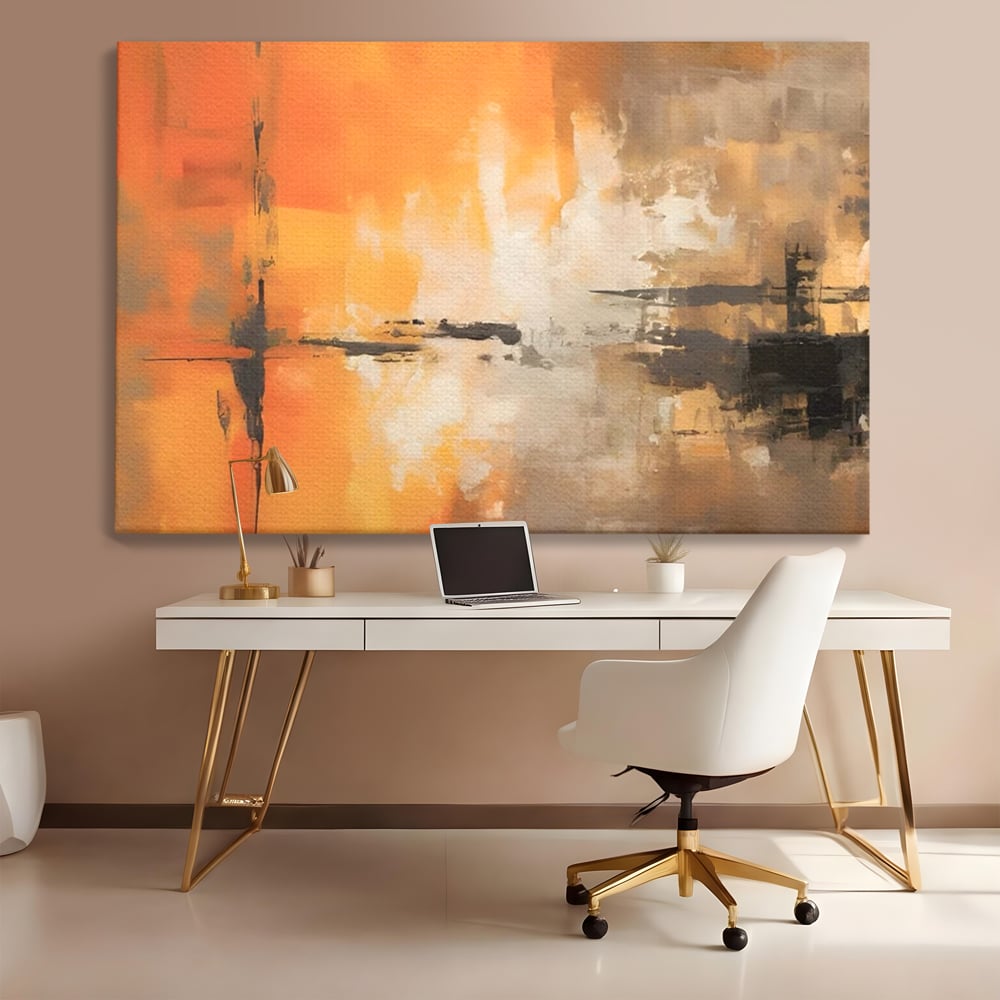 Tablou canvas cu pictura abstracta cu forme portocalii si negre, fara rama, pe sasiu de lemn, pe perete intr-un birou